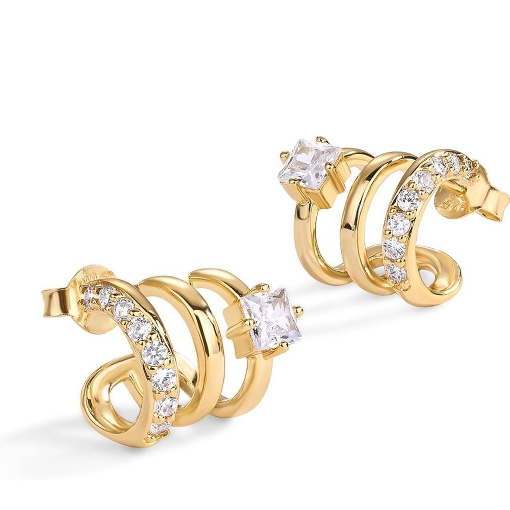 NEW 14K Gold Cubic Zirconia Segment Triple Hoop Earrings